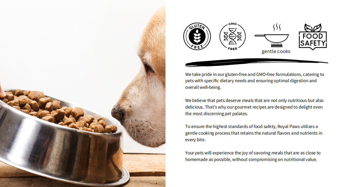 Delicious and nutritious pet food from Royal Paws: Gluten-free, GMO-free, and gourmet recipes for optimal well-being.